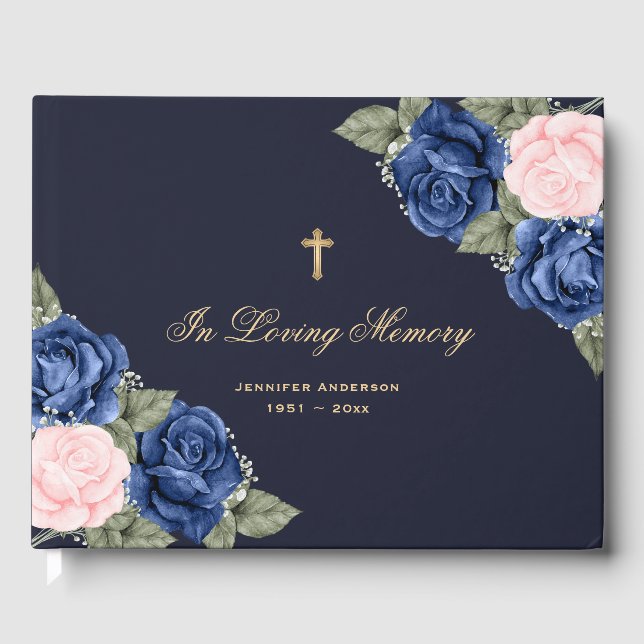 Blue Pink Roses Gold Cross Floral Memorial Funeral Guest Book (Front)