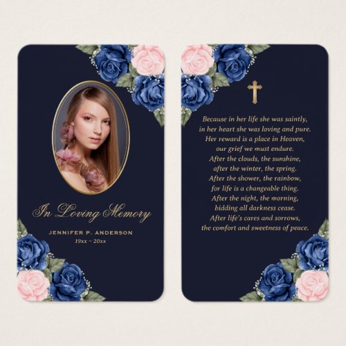 Blue Pink Roses Gold Cross Funeral Prayer Card