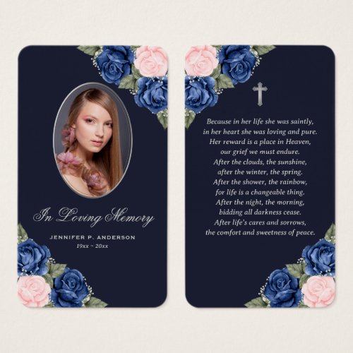 Blue Pink Roses Silver Cross Funeral Prayer Card