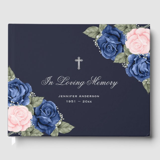 Blue Pink Roses Silver Floral Memorial Funeral Guest Book (Front)
