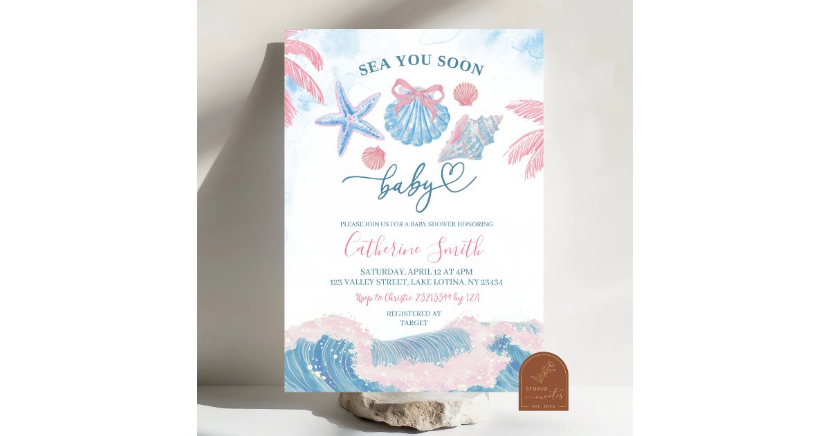Blue Pink Sea You soon Baby shower Invitation | Zazzle