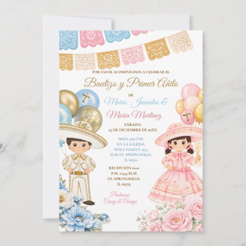 Blue &amp; Pink Siblings Bautizo y primer anito Floral Invitation
