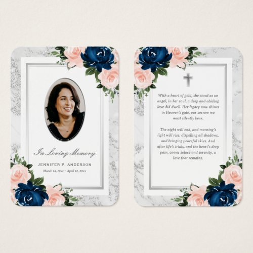 Blue Pink Silver Floral Photo Memorial Cards
