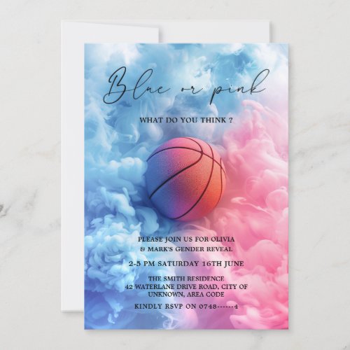 Blue Pink Smoke Basketball Sport Gender Reveal Invitation