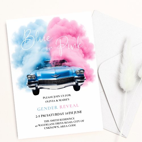 Blue Pink Smoke Car Truck Burnouts Gender Reveal Invitation