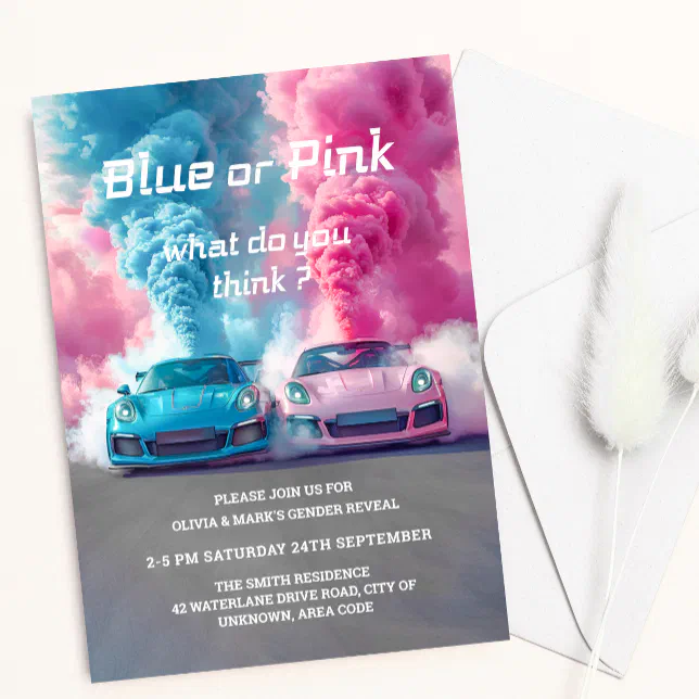 Blue Pink Smoke Race Car Burnouts Gender Reveal Invitation | Zazzle