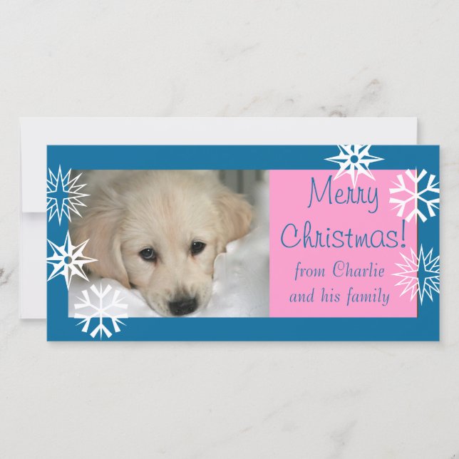 Blue Pink Snowflakes Dog Christmas Photo Card (Front)