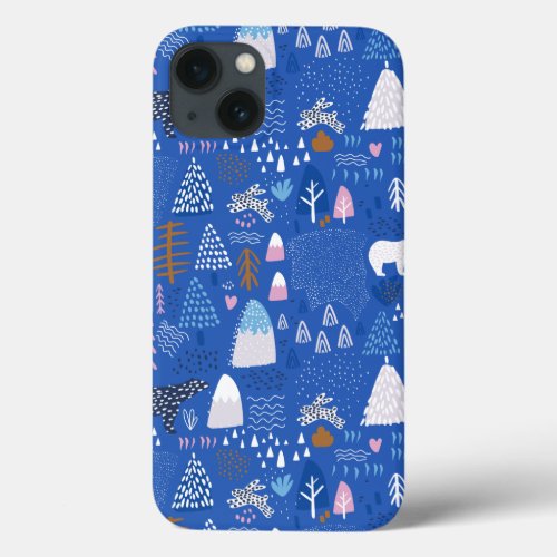 Blue Pink Snowy Happy Winter Forest Bear Bunny  iPhone 13 Case