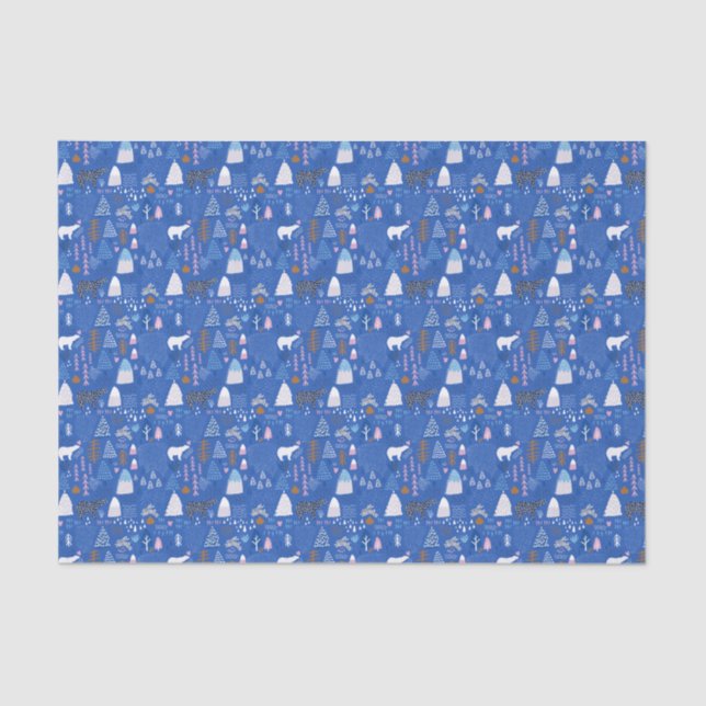 Blue Pink Snowy Happy Winter Forest Bear Bunny  Tissue Paper (Front)