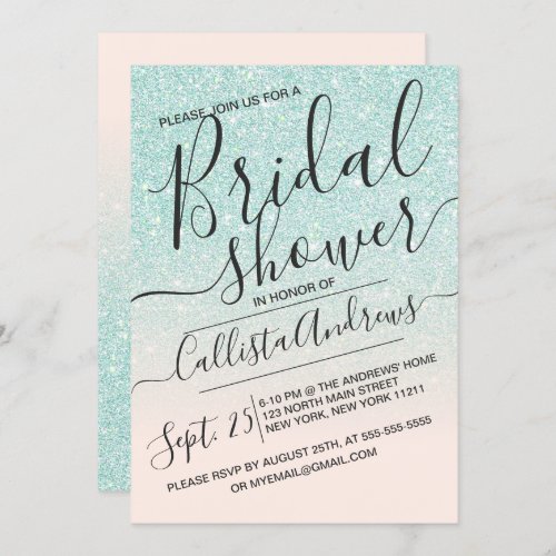 Blue Pink Sparkly Glitter Ombre Bridal Shower Invitation