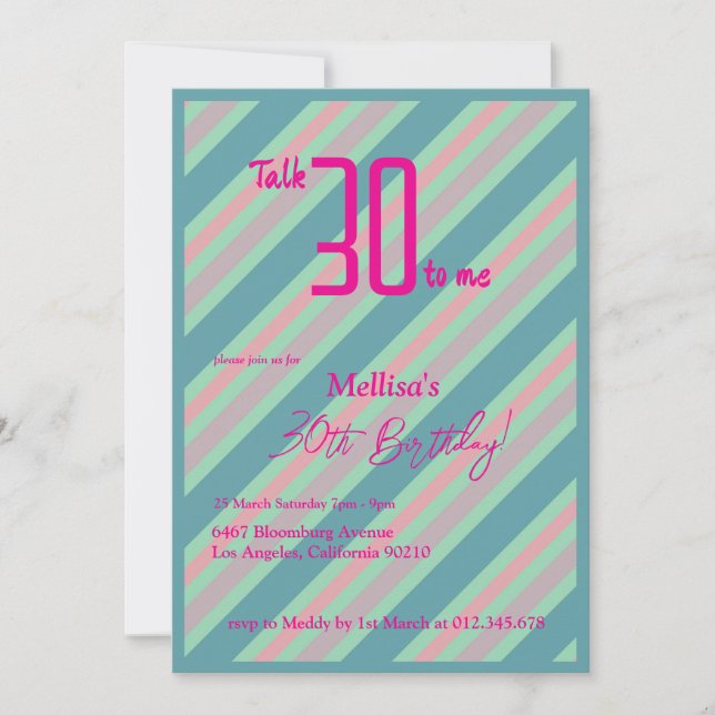 Blue Pink Striped Feminine 30th Birthday  Invitation (Front)