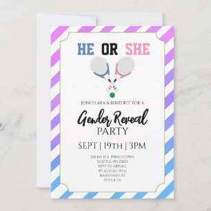 Blue Pink Stripes Tennis Gender Reveal Party Invitation