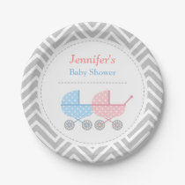 Blue Pink Strollers Twins Baby Shower Plates