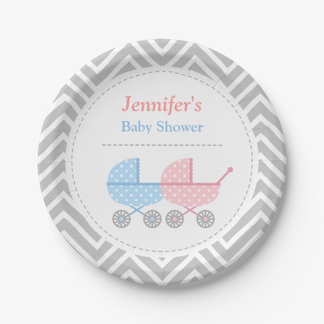 Blue Pink Strollers Twins Baby Shower Plates (Front)