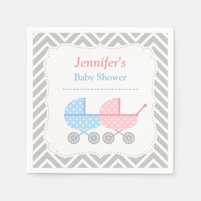 Blue Pink Strollers Twins Baby Shower Supplies Paper Napkins (Front)