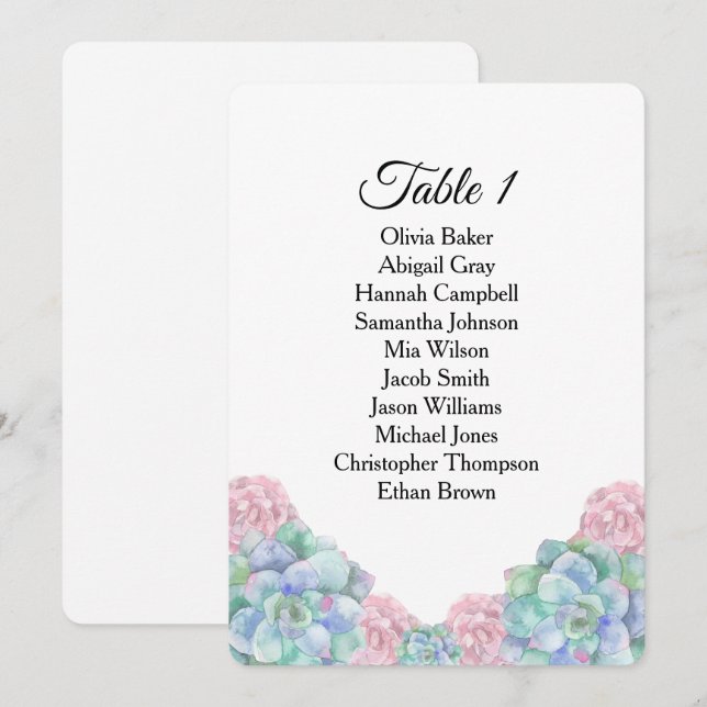Blue pink succulents. Wedding seating charts Invitation (Front/Back)