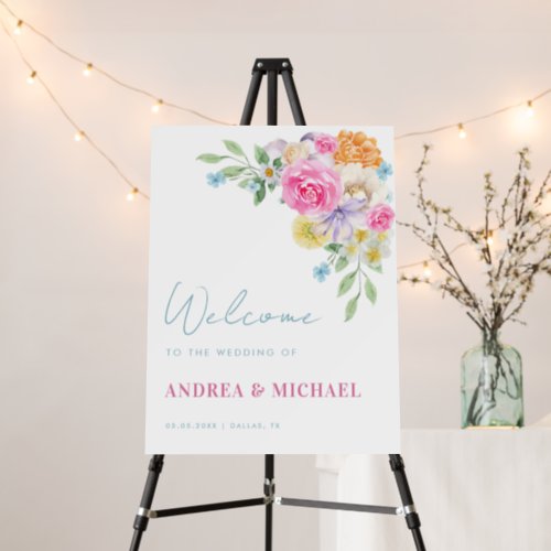 Blue  Pink Summer Garden Floral Wedding Welcome Foam Board