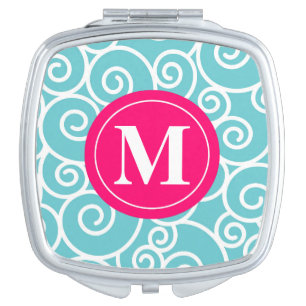 Blue Pink Swirls Monogram Compact Vanity Mirror