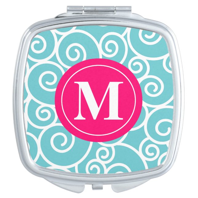 Blue Pink Swirls Monogram Compact Vanity Mirror (Front)