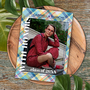 Blue Pink Tartan Plaid Graduation Announcement Postcard