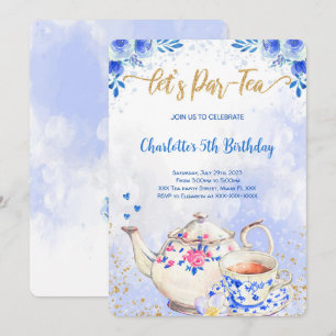 Blue & Pink Tea Party Birthday Invitation