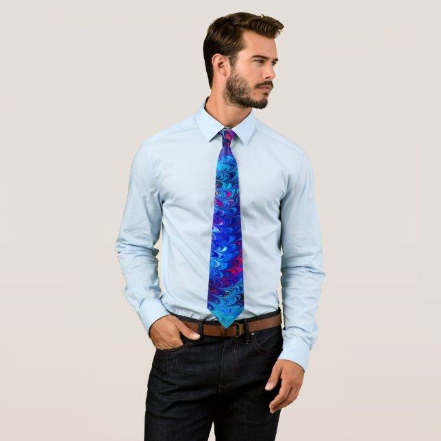Blue Pink Teal Abstract Marbling Ebru Art Neck Tie (In Situ)
