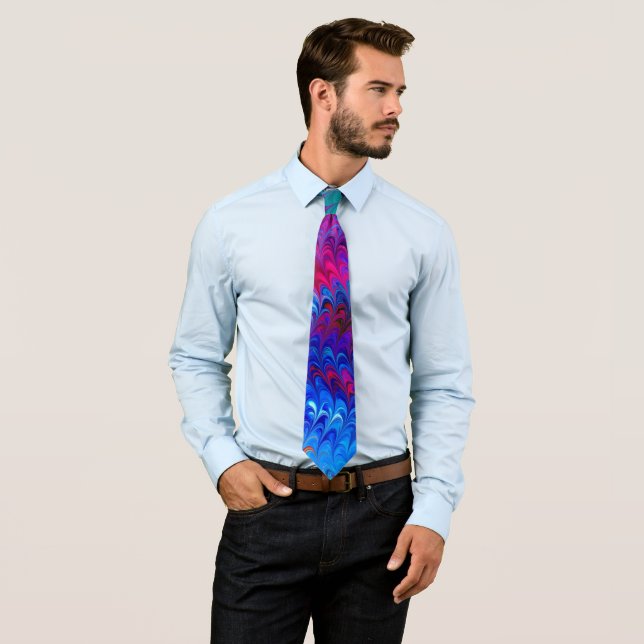 Blue Pink Teal Abstract Marbling Ebru Art Neck Tie (In Situ)