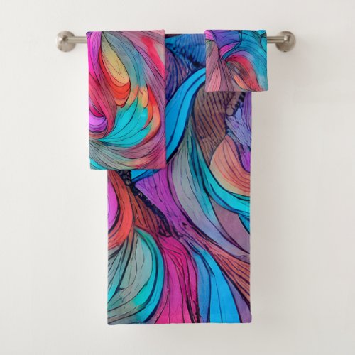 Blue Pink Teal Lilac Watercolor Ink Abstraction Bath Towel Set