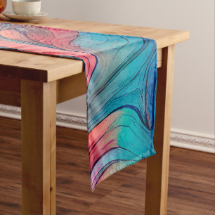 Blue Pink Teal Lilac Watercolor Ink Abstraction Short Table Runner
