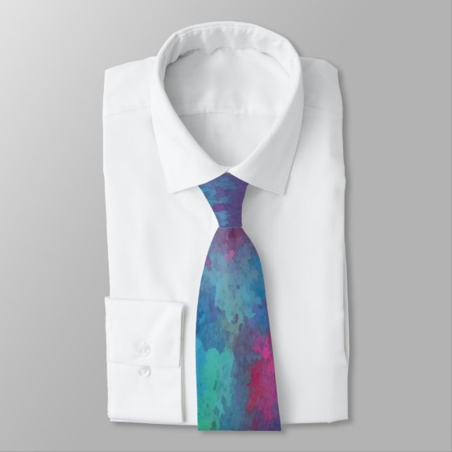 Blue Pink Teal Watercolor Abstraction Neck Tie (Tied)