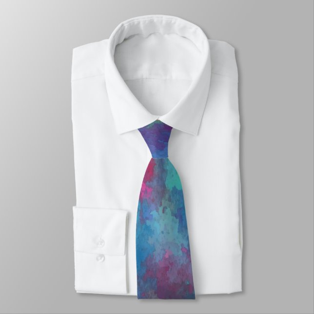 Blue Pink Teal Watercolor Abstraction Neck Tie (Tied)