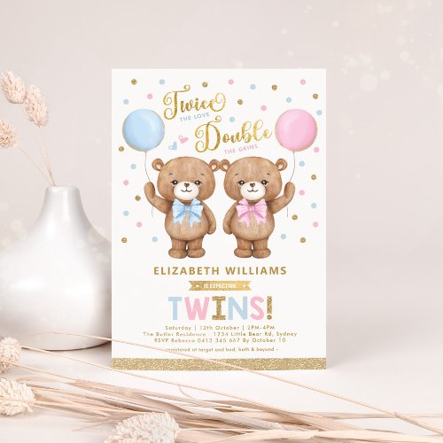 Blue Pink Teddy Bear Boy Girl Twins Baby Shower Invitation