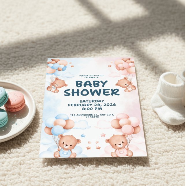 Blue Pink Teddy Bear Gender Reveal Baby Shower Invitation (Creator Uploaded)