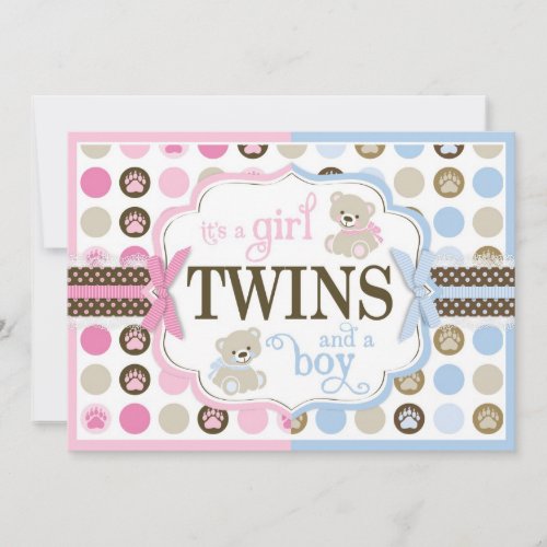 Blue &amp; Pink Teddy Bears Twins Baby Shower Personalized Invites