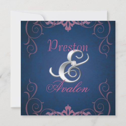 Blue &amp; Pink Texture Silver Scroll Invitation