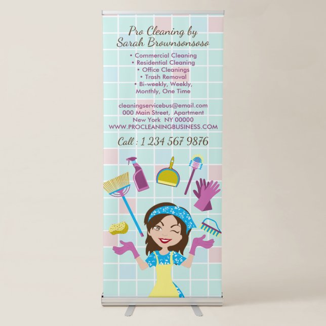 Blue Pink Tiles Cleaning Housekeeper Lady Retractable Banner (Front)
