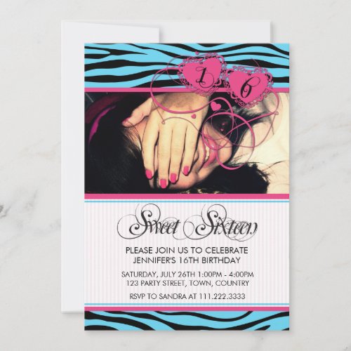 BLUE PINK TRENDY ZEBRA PRINT SWEET SIXTEEN INVITES