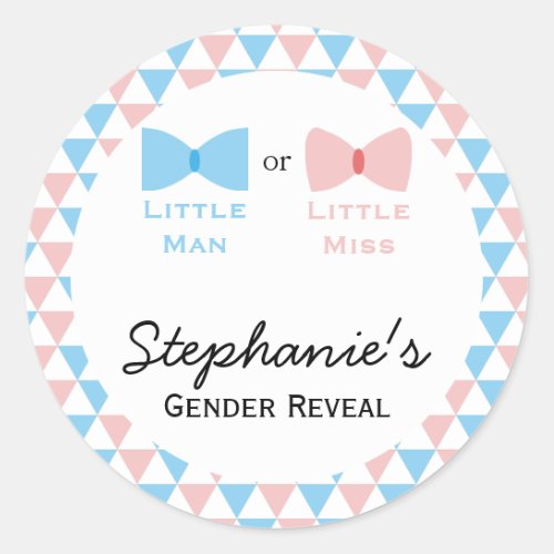 Blue Pink Triangles Gender Reveal Bow and Bow Tie Classic Round Sticker