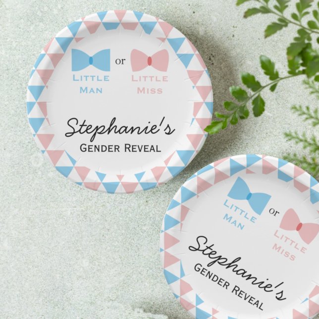 Blue, Pink Triangles Gender Reveal Bow and Bow Tie Paper Plates (Creator Uploaded)