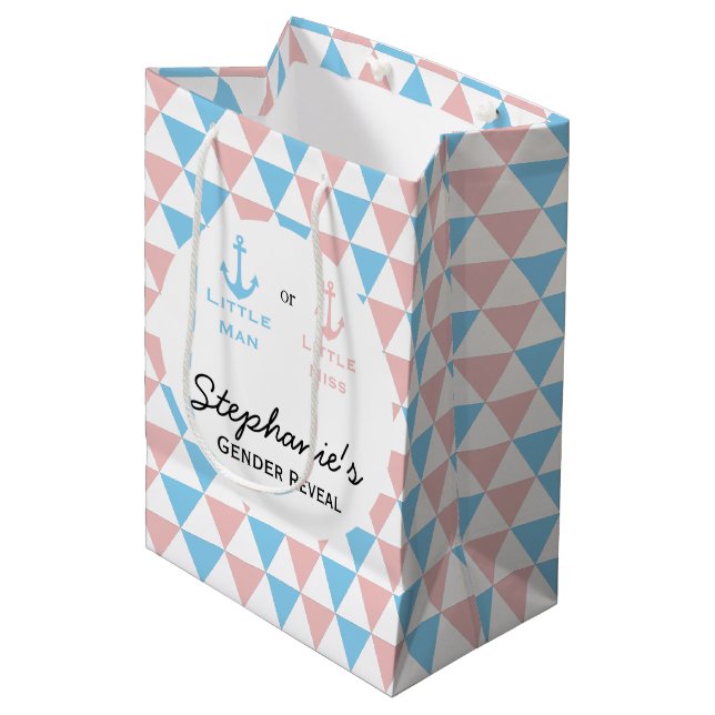 Blue, Pink Triangles Gender Reveal Nautical Anchor Medium Gift Bag (Front Angled)