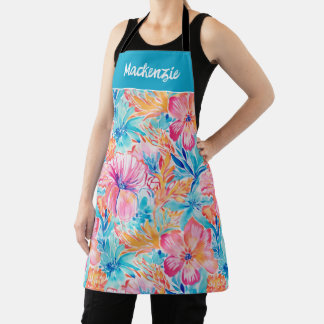 Blue Pink Tropical Flower Custom Name Apron