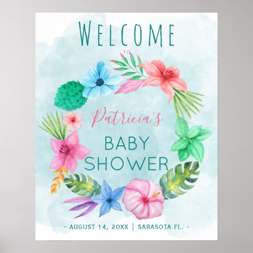 Blue pink tropical wreath baby shower welcome sign