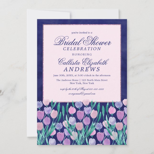 Blue Pink Tulips Floral Watercolor Bridal Shower Invitation (Front)