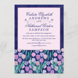 Blue Pink Tulips Floral Watercolor Engagement Invitation
