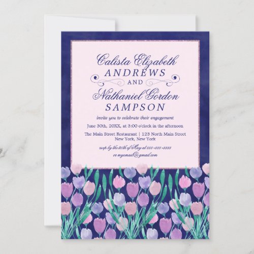 Blue Pink Tulips Floral Watercolor Engagement Invitation