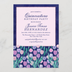 Blue Pink Tulips Floral Watercolor Quinceañera Invitation