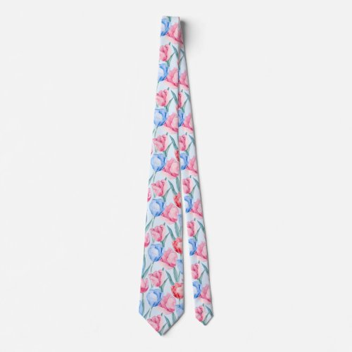 Blue  Pink Tulips Neck Tie