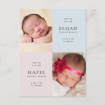 Blue & Pink Twins Photo Birth Announcement Postcard