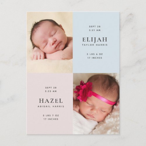 Blue  Pink Twins Photo Birth Announcement Postcard