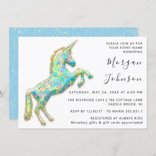 Blue Pink Unicorn Horse White Birthday Baby Shower Invitation